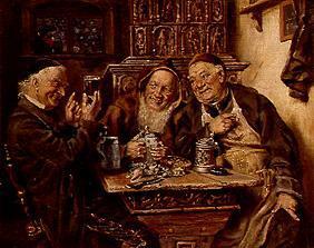 Trois buveurs joyeux dans une vieille salle allemande