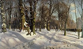 forêt enneigée d'hiver au soleil. à Peder Mønsted