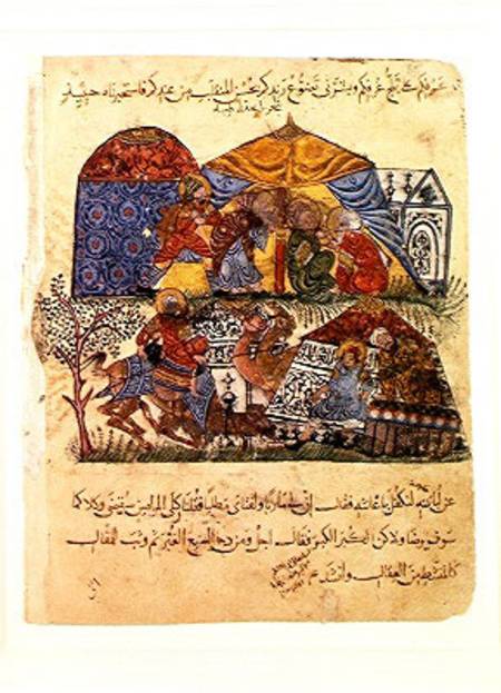 An old man and a young man in front of the tents of the rich pilgrims, from 'The Maqamat' (The Meeti à École persane