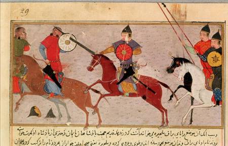 Ms Pers.113 f.29 Genghis Khan (c.1162-1227) Fighting the Tartars à École persane