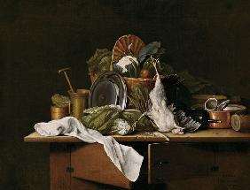 nature morte avec des légumes et un poulet mort