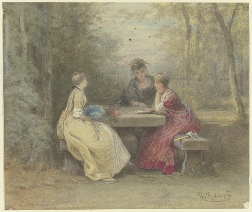 Vorlesung im Park, drei junge Damen in Watteauschem Kostüm um einen Steintisch sitzend (Laube am San à Philipp Rumpf