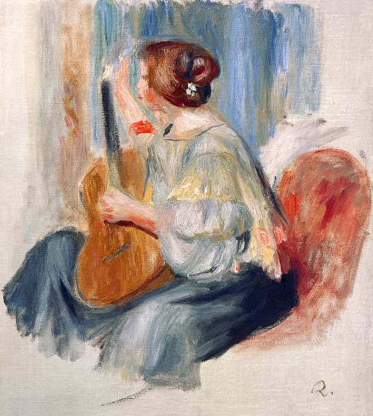 Woman with guitar - Pierre-Auguste Renoir en reproduction imprimée ou copie  peinte à l\'huile sur toile