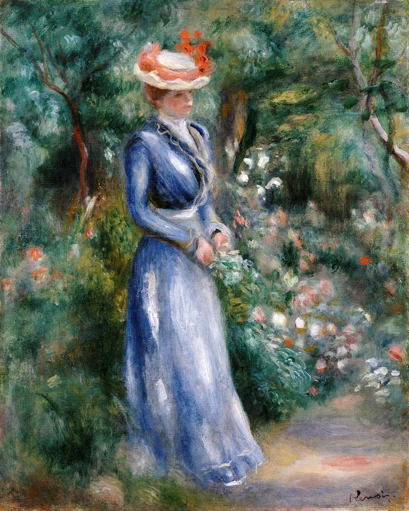 Woman In A  Blue Dress Standing In The Garden At Saint-Cloud à Pierre-Auguste Renoir