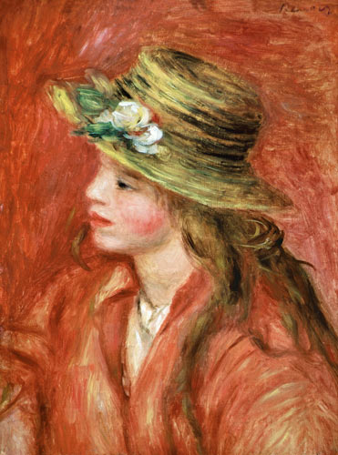 Young girl with straw hat - Pierre-Auguste Renoir en reproduction imprimée  ou copie peinte à l\'huile sur toile
