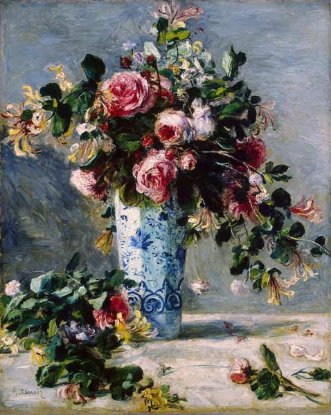 Roses and Jasmine in a Delft Vase à Pierre-Auguste Renoir