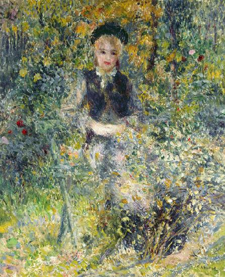 Jeune fille sur une banc de jardin.