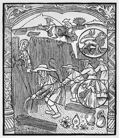 August, harvesting, Leo, illustration from the ''Almanach des Bergers'', 1491 (xylograph) à Pierre Le Rouge