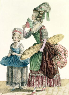An Elegant Dressmaker Delivering her Work, plate from 'Galeries des Modes et Costumes Francais', eng à Pierre Thomas Le Clerc