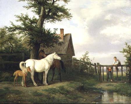 Children and Horses by a Stream à Pierre Vernet