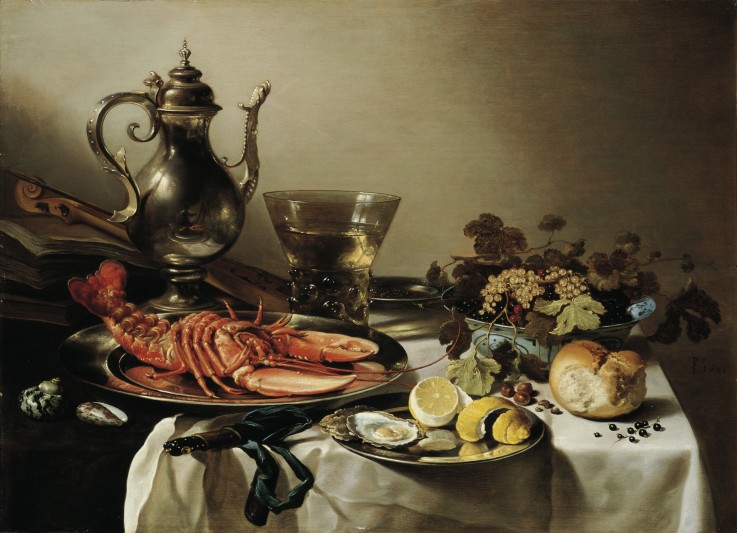Table with lobster, silver jug, big Berkemeyer, fruit bowl, violin and books à Pieter Claesz