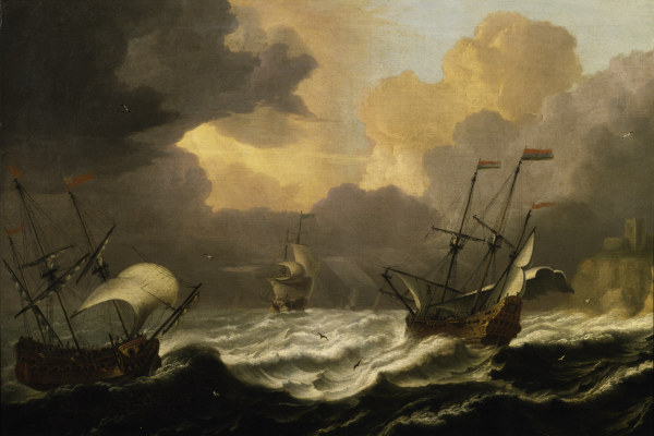 P.Coopse, Stormy sea and three ships à Pieter Coopse
