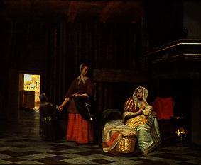 Femme avec l'enfant à la poitrine et aux Dienstservante. à Pieter de Hooch