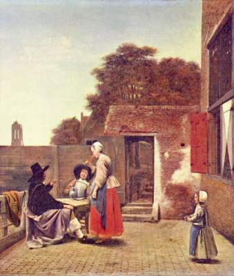 Cour avec deux agents et la femme buvant à Pieter de Hooch