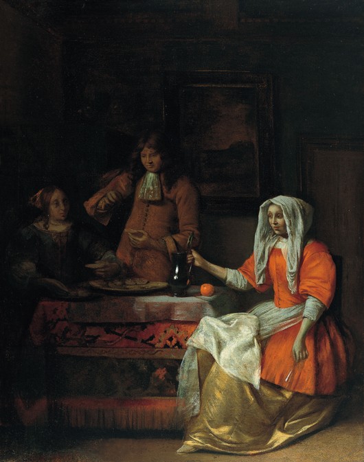 Interior with Two Women and a Man Drinking and Eating Oysters à Pieter de Hooch