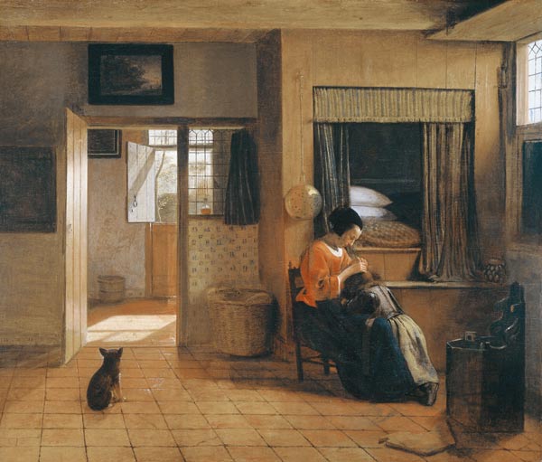 Mutterpflichten (Interieur mit Mutter, die Haare ihres Kindes nach Läusen absuchend) à Pieter de Hooch