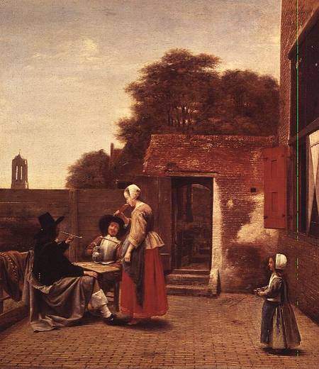 Two Soldiers and a Woman Drinking in a Courtyard à Pieter de Hooch