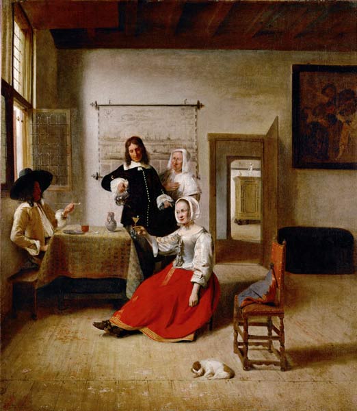 Woman drinking with soldiers à Pieter de Hooch