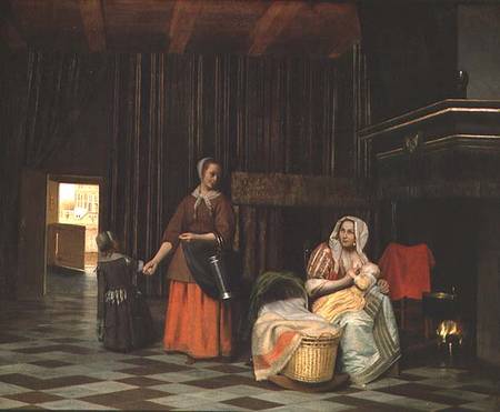 Woman with infant, serving maid with child à Pieter de Hooch