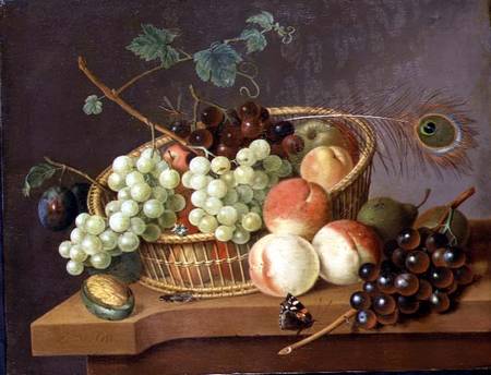 Still Life of Grapes and Peaches in a basket à Pieter Gerardus van Os