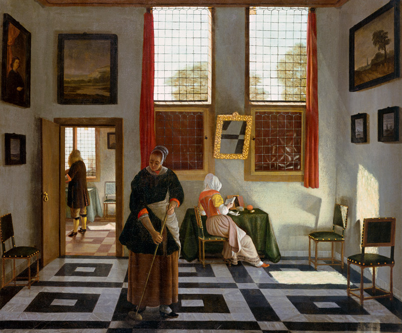 Interior with Painter, Woman Reading and Maid Sweeping à Pieter Janssens