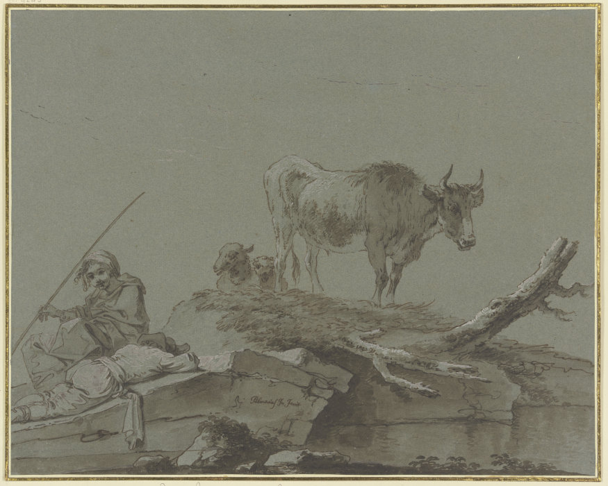 Zwei Hirten mit einer Kuh und zwei Schafen à Pietro Palmieri l'Ancien
