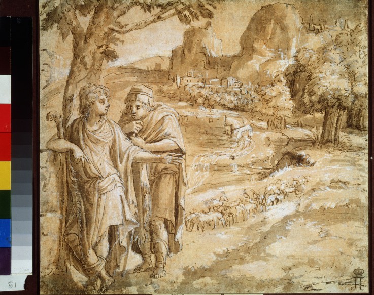 Shepherd and piligrim in a landscape à Pirro Ligorio