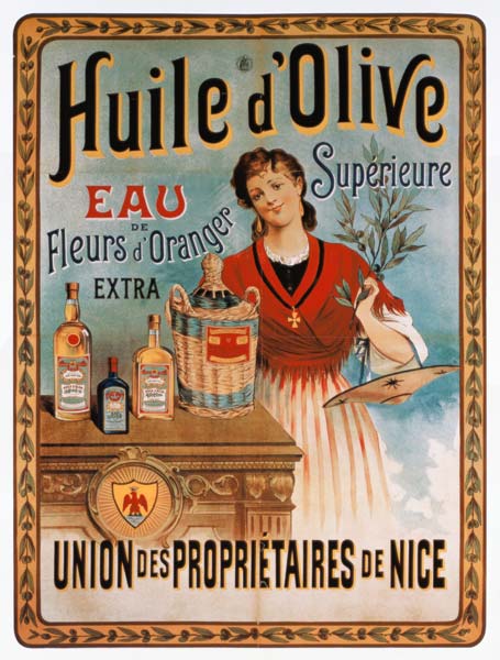 Poster advertising olive oil made in Nice, France à Affiche Vintage
