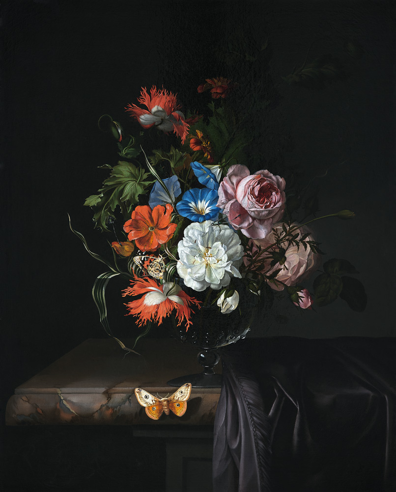A Still Life of Flowers in a vase on a ledge à Rachel Ruysch