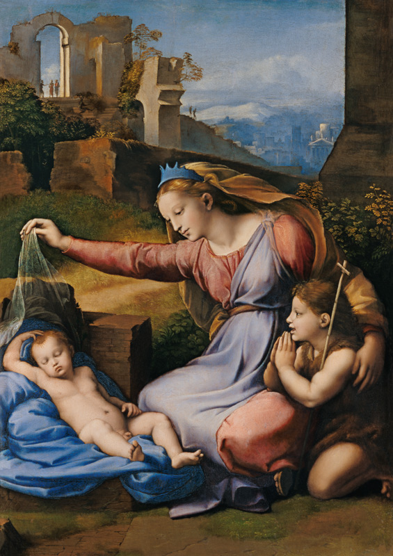Madonne avec l'enfant dormant et Saint Jean (Madonne avec le diadème) à Raffaello Sanzio
