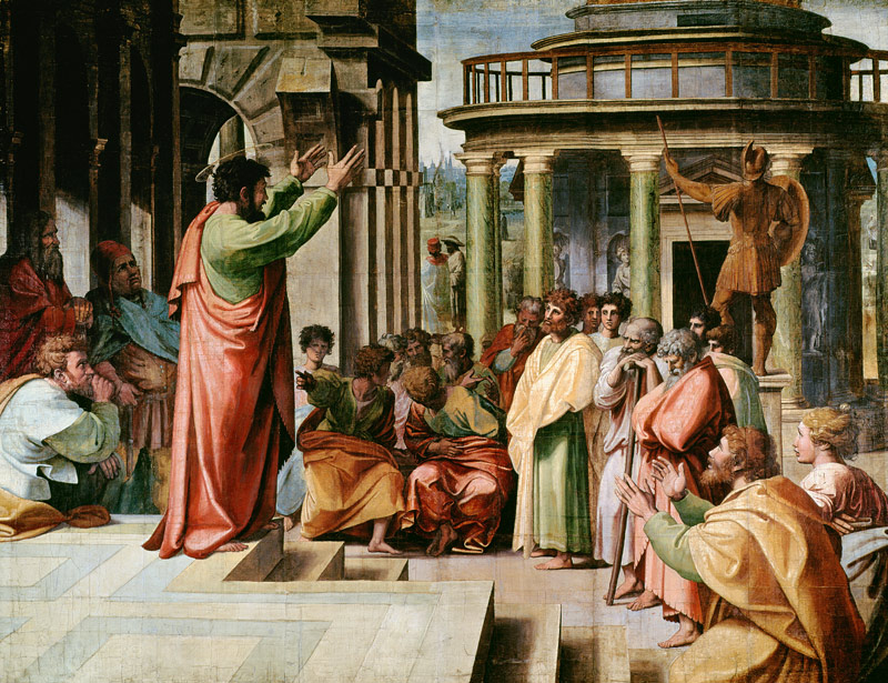 St. Paul Preaching at Athens (cartoon for the Sistine Chapel) (PRE RESTORATION) à Raffaello Sanzio