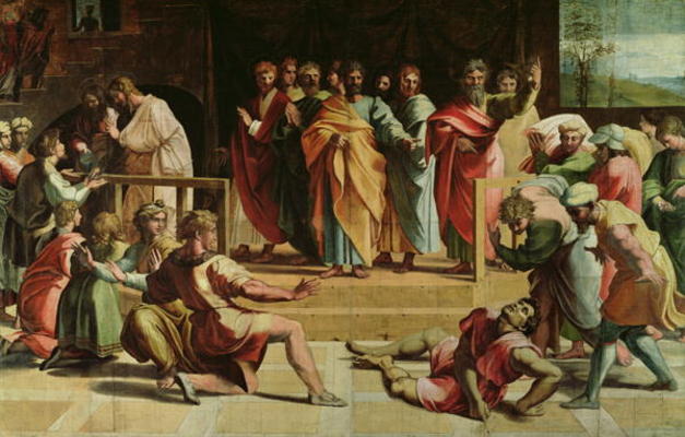 The Death of Ananias (cartoon for the Sistine Chapel) (PRE RESTORATION) à Raffaello Sanzio
