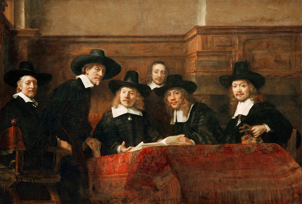 Les chefs de la corporation des marchands de tissus à Rembrandt Harmenszoon van Rijn