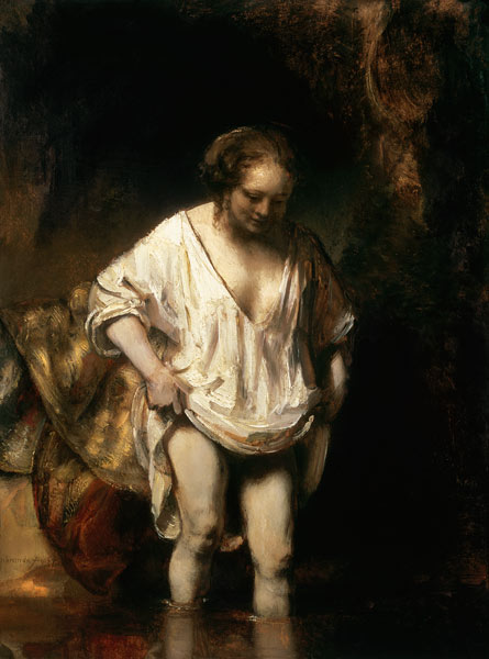 La femme dans le bain - peinture huile sur bois de Rembrandt, Hamerszoon  van Rij en reproduction imprimée ou copie peinte à l\'huile sur toile
