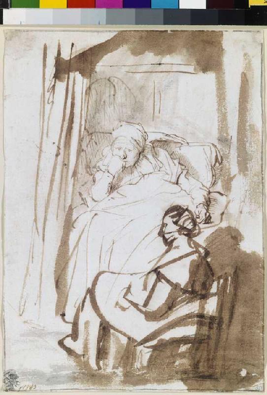 Saskia in bed with nurse - Rembrandt, Hamerszoon van Rij en reproduction  imprimée ou copie peinte à l\'huile sur toile