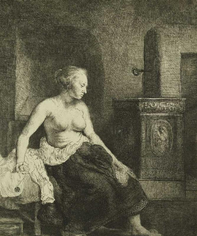 Sitzende Frau an einem Ofen à Rembrandt Harmenszoon van Rijn