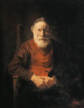 portrait d'un homme âgé en costume rouge.