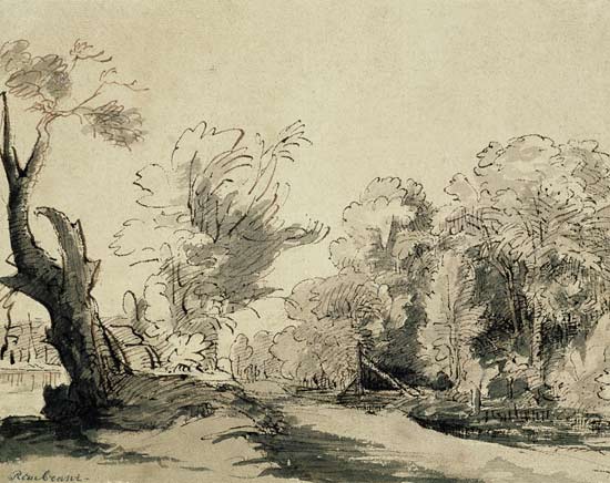Landscape with a path, an almost dead tree on the left and a footbridge leading to a farm on the rig à Rembrandt Harmenszoon van Rijn
