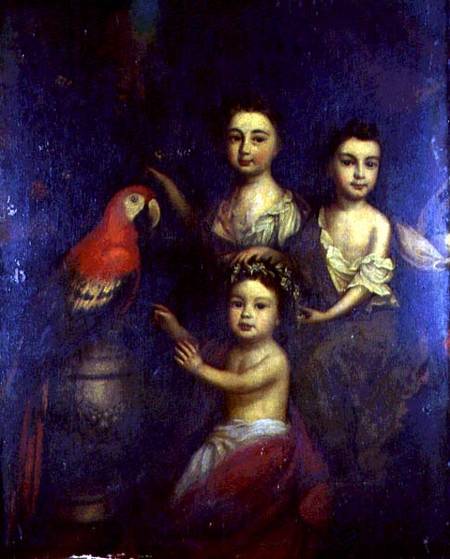Portrait of Three Children with a Macaw à Robert Byng ou Bing