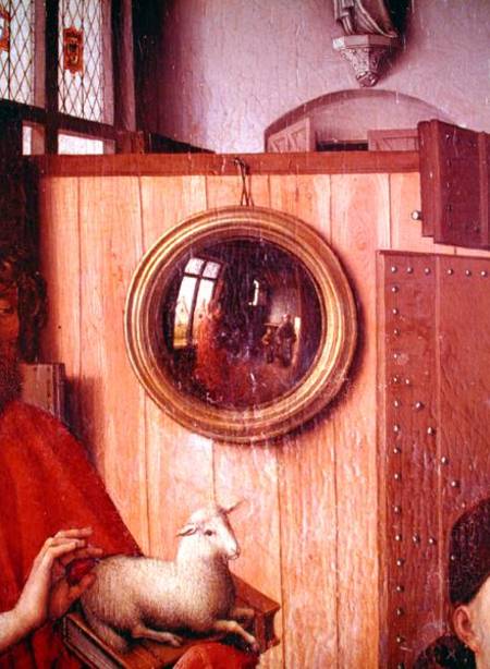 St. John the Baptist and the Donor, Heinrich Von Werl, from the Werl Altarpiece, detail of the mirro à Robert Campin