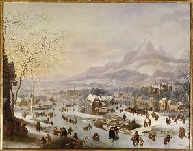 grand paysage fluvial en hiver à une ville devant la montagne