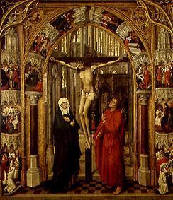 Le crucifié dans un portail d'église, entouré des scènes de la vie Jesus.
