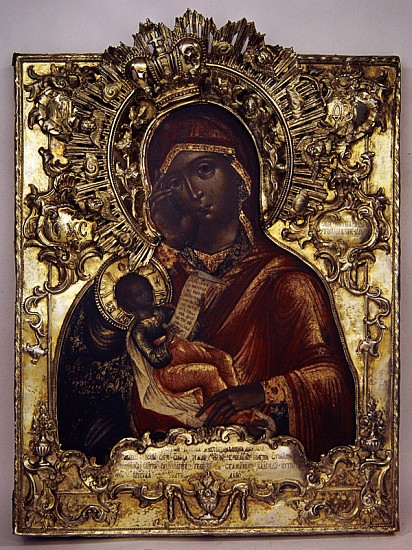 Virgin and Child (oil on panel with gold frame) à École russe