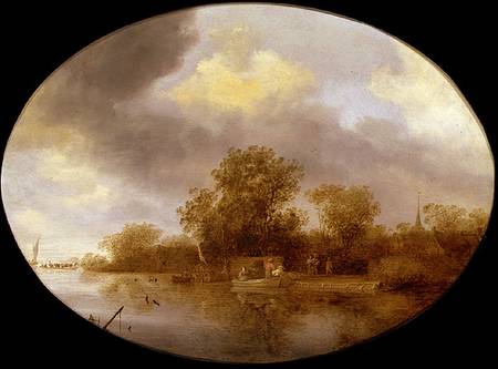River landscape with men unloading lobster pots à Salomon van Ruisdael ou Ruysdael