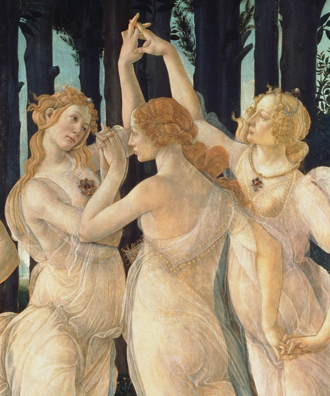 Primavera (Allegory of Spring). Detail: The Three Graces, right - Portrait of Caterina Sforza à Sandro Botticelli