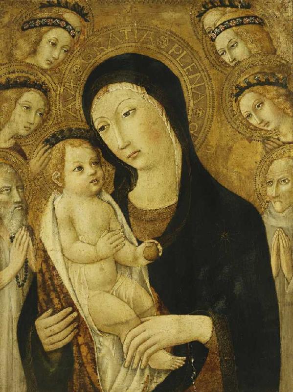 Madonna mit Kind und den Heiligen Antonius der Große und Bernhardin von Siena, umgeben von Engeln. à Sano di Pietro