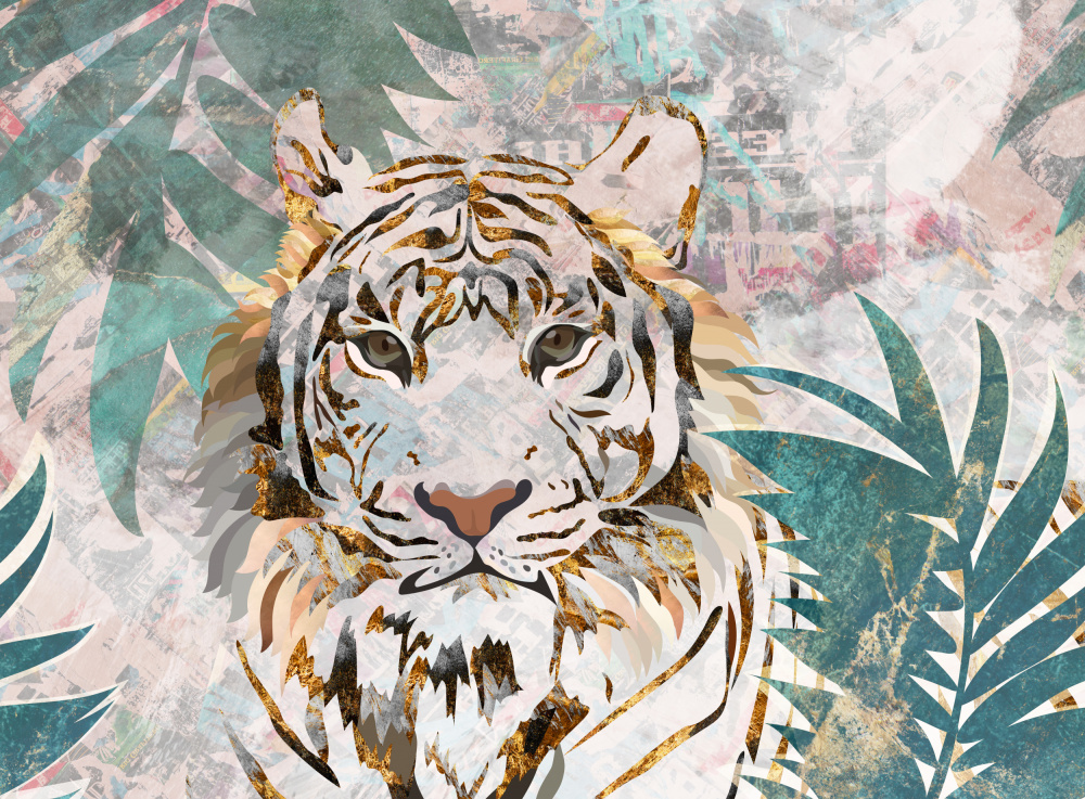 Tiger grunge tropical palm wall mural à Sarah Manovski