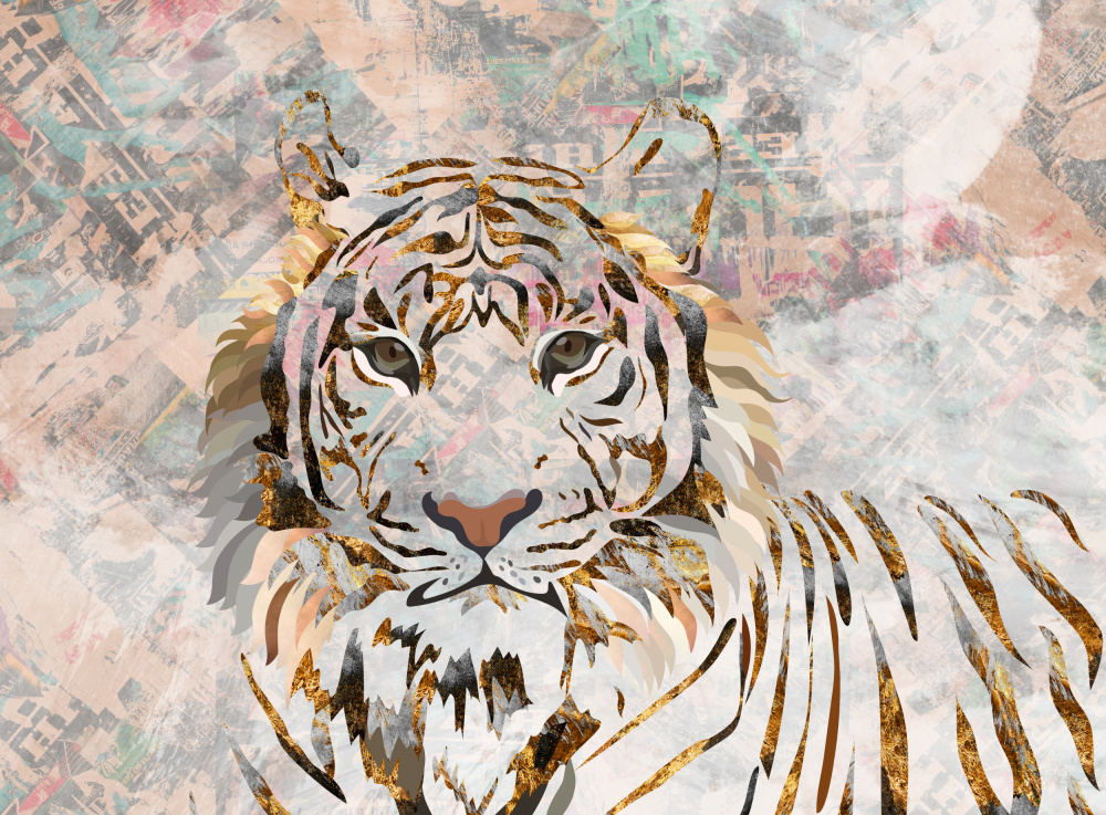 Tiger grungy gold mural à Sarah Manovski