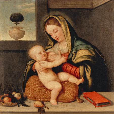 La jeune femme Sainte, l'enfant Jésus la poitrine allant.