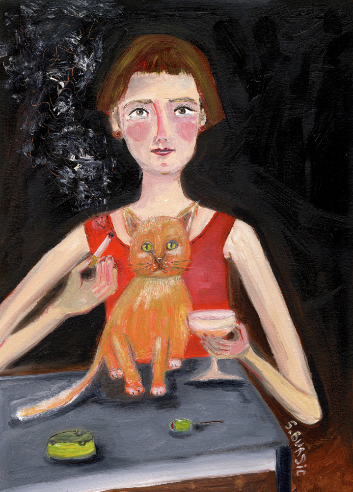 Vintage woman with cocktail and cat à Sharyn Bursic